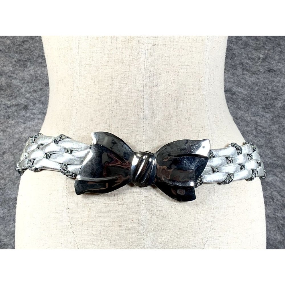 Vintage Statement Belt Womens Bow Silver Tone Braided Waist Metallic‎ 80s